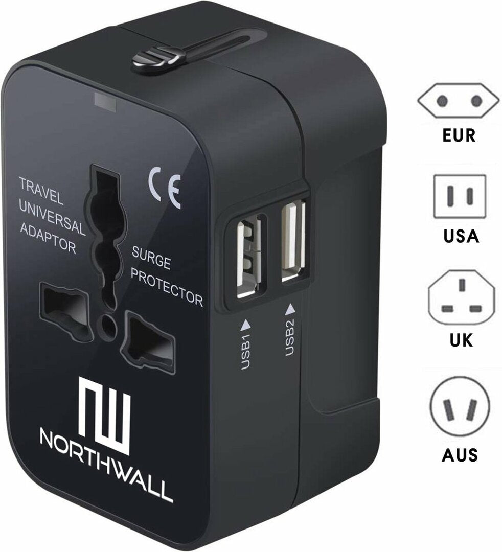 Universele reisstekker met 2 fast charge USB poorten