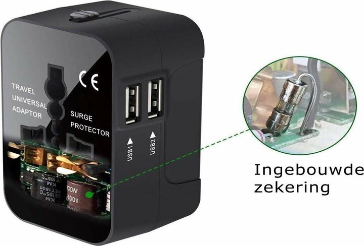 Universele reisstekker met 2 fast charge USB poorten